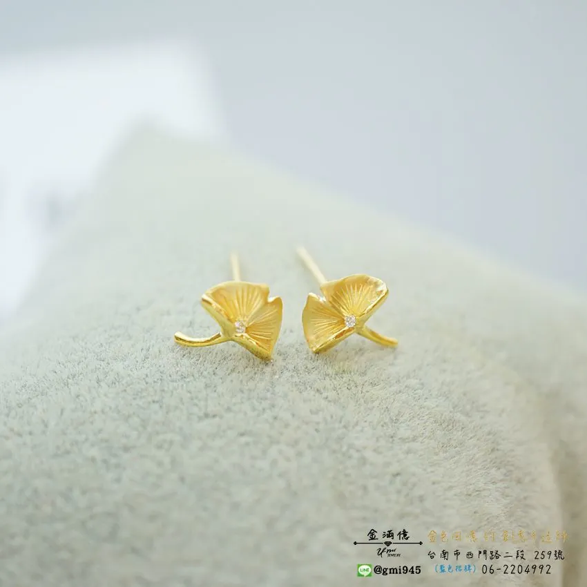特殊客製化-銀杏葉-18K金鑽石耳環