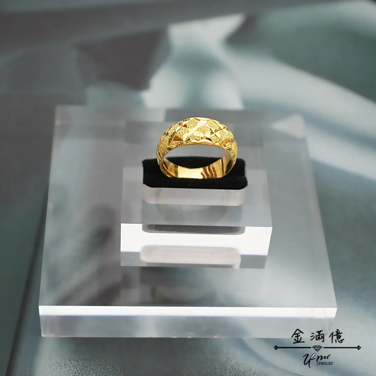 黃金戒指-閃亮菠蘿格紋-黃金男生戒指_02