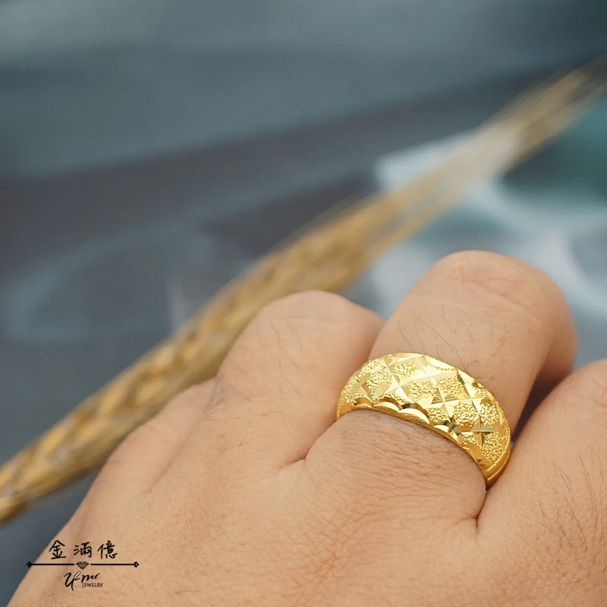 黃金戒指-閃亮菠蘿格紋-黃金男生戒指_03