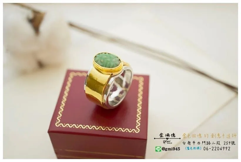 訂做黃金戒指-鑲玉結合純銀寬版的客製化戒指 (2)