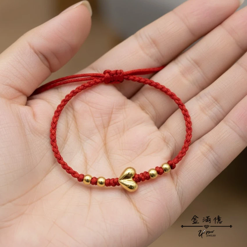  黃金蠶絲蠟線手鍊-愛心金珠-黃金手鍊_03