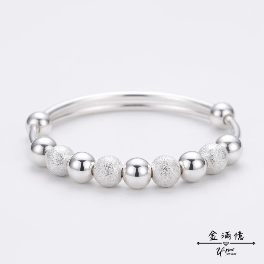 鑽砂與光面珠 - 純銀寶寶手環｜990純銀