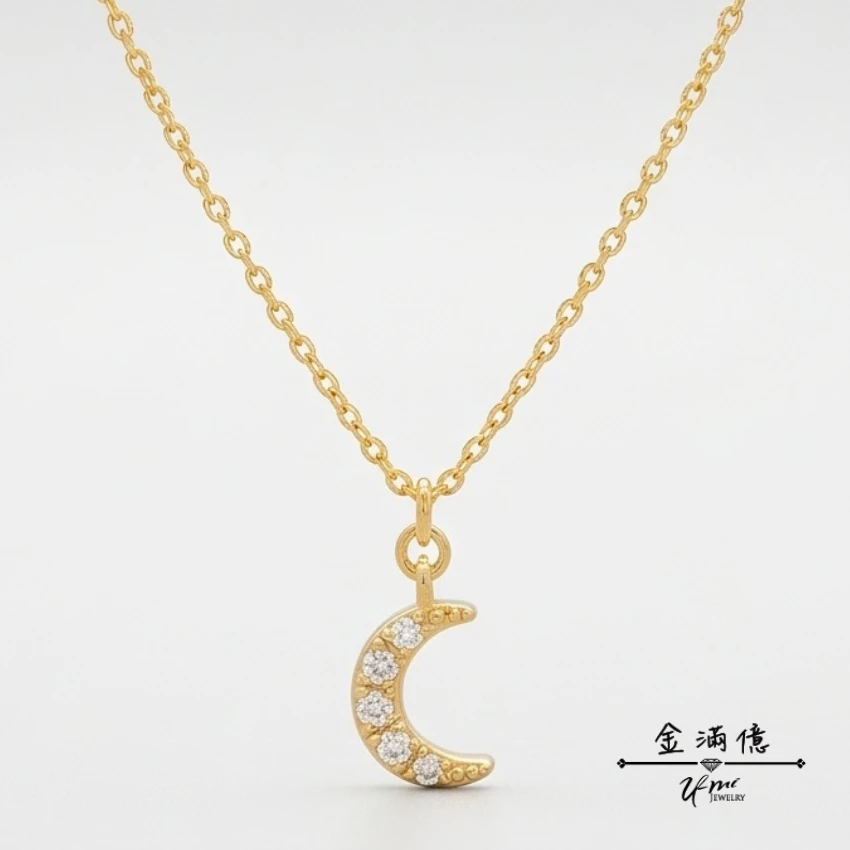 女生黃金項鍊-人工鑽石月亮造型-黃金小套鍊_01