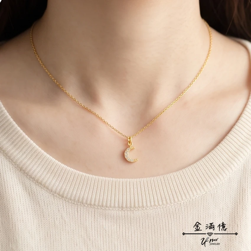 女生黃金項鍊-人工鑽石月亮造型-黃金小套鍊_04
