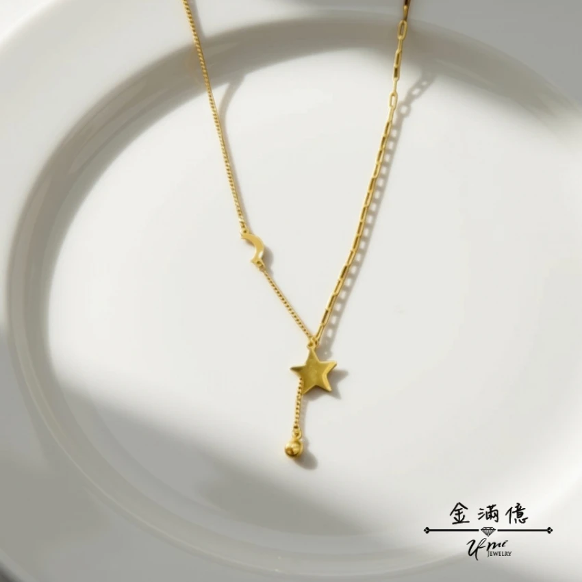 女生黃金項鍊-星月不對稱項鍊-黃金小套鍊_02