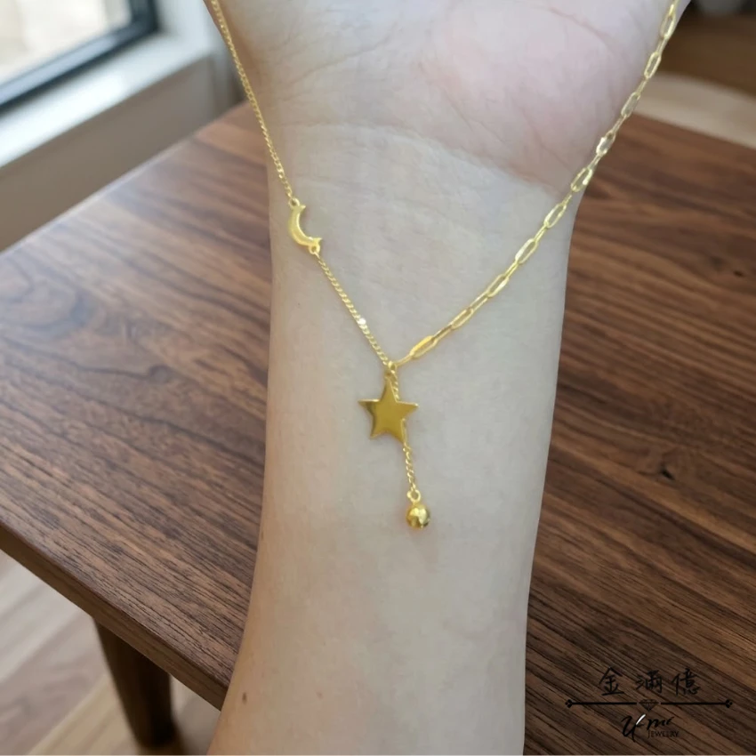 女生黃金項鍊-星月不對稱項鍊-黃金小套鍊_03