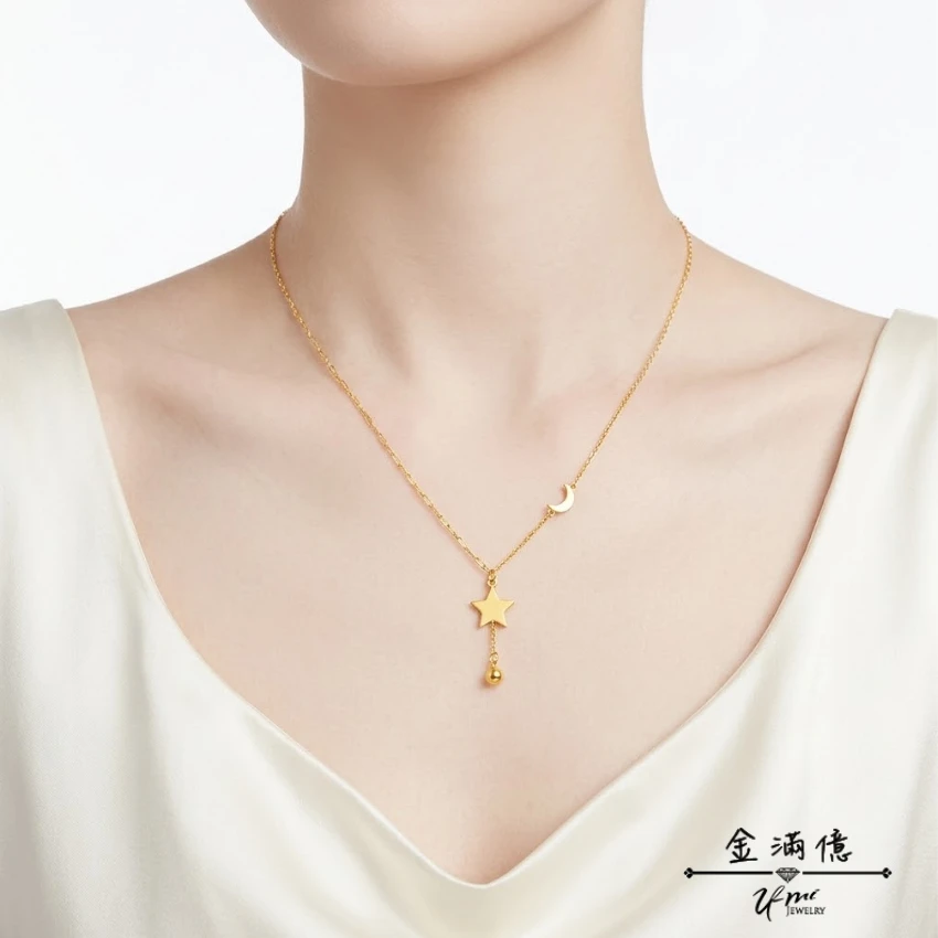 女生黃金項鍊-星月不對稱項鍊-黃金小套鍊_04