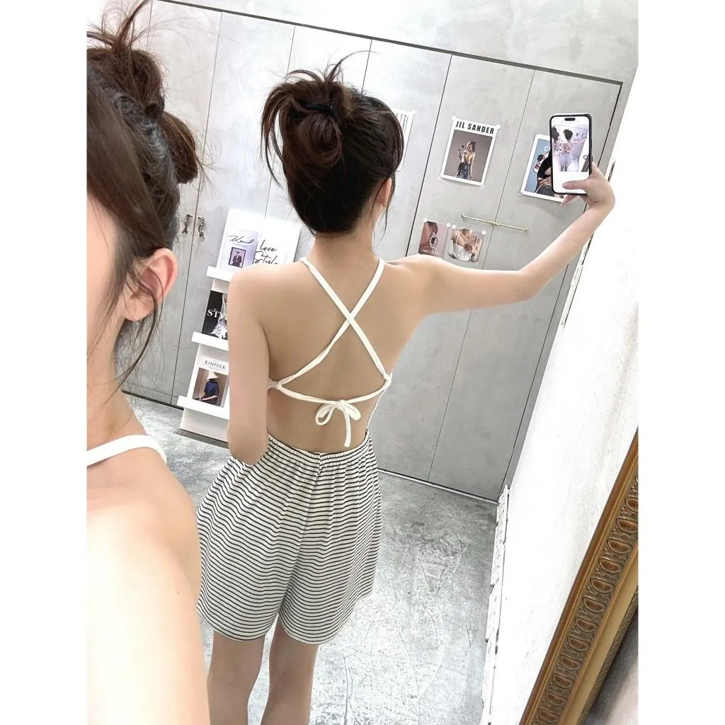 (現貨)歐美款交叉美背掛脖連身短褲