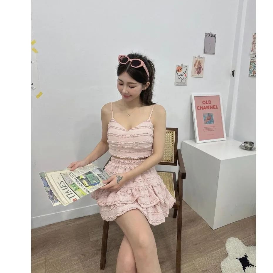(現貨)韓版法式甜美氣質細肩蕾絲背心+蛋糕褲裙兩件套