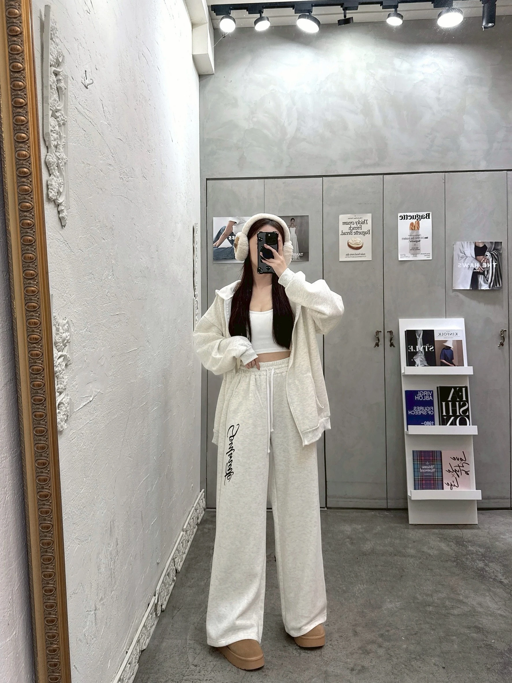 (現貨)獨家美式休閒刷毛印花連帽外+落地寬褲兩件套