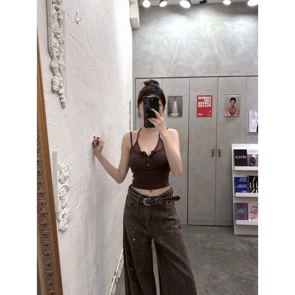 (現貨)歐美設計假兩綁帶透紗開釦背心