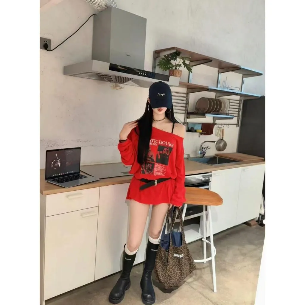 (預購)秋裝新品美式休閒斜肩印花長袖大T