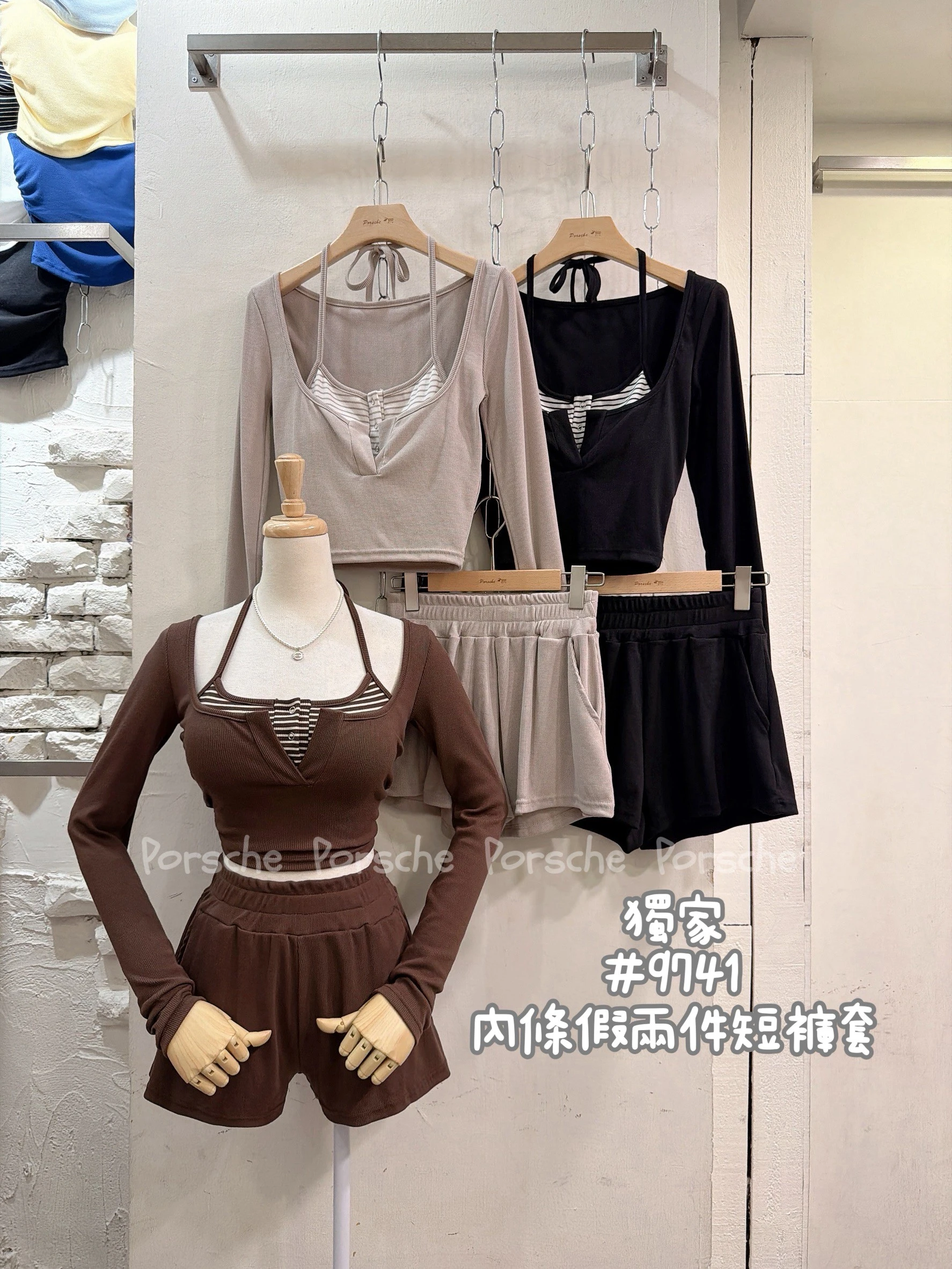 (現貨)甜系女孩必收 假兩件內條綁帶長袖衣+短褲兩件套