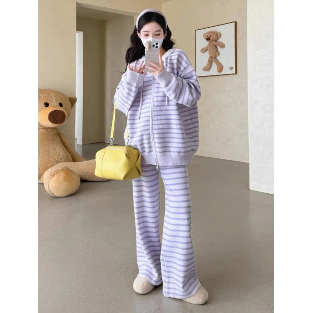 (預購)韓版chic慵懶風厚磅針織條紋連帽外+綁繩寬褲兩件套