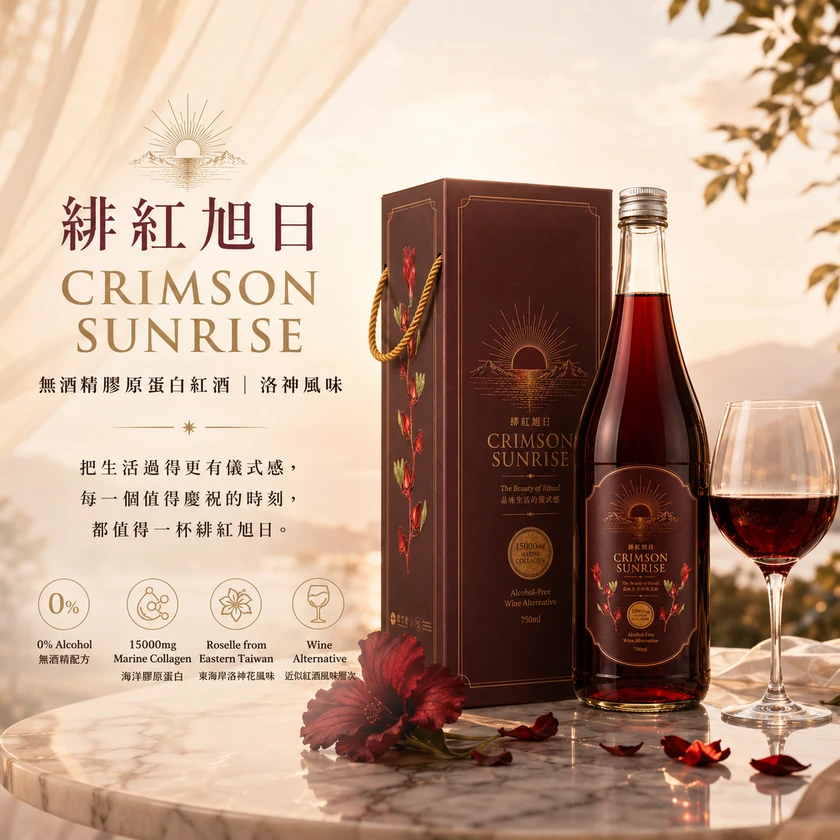 緋紅旭日｜無酒精膠原蛋白紅酒 洛神風味