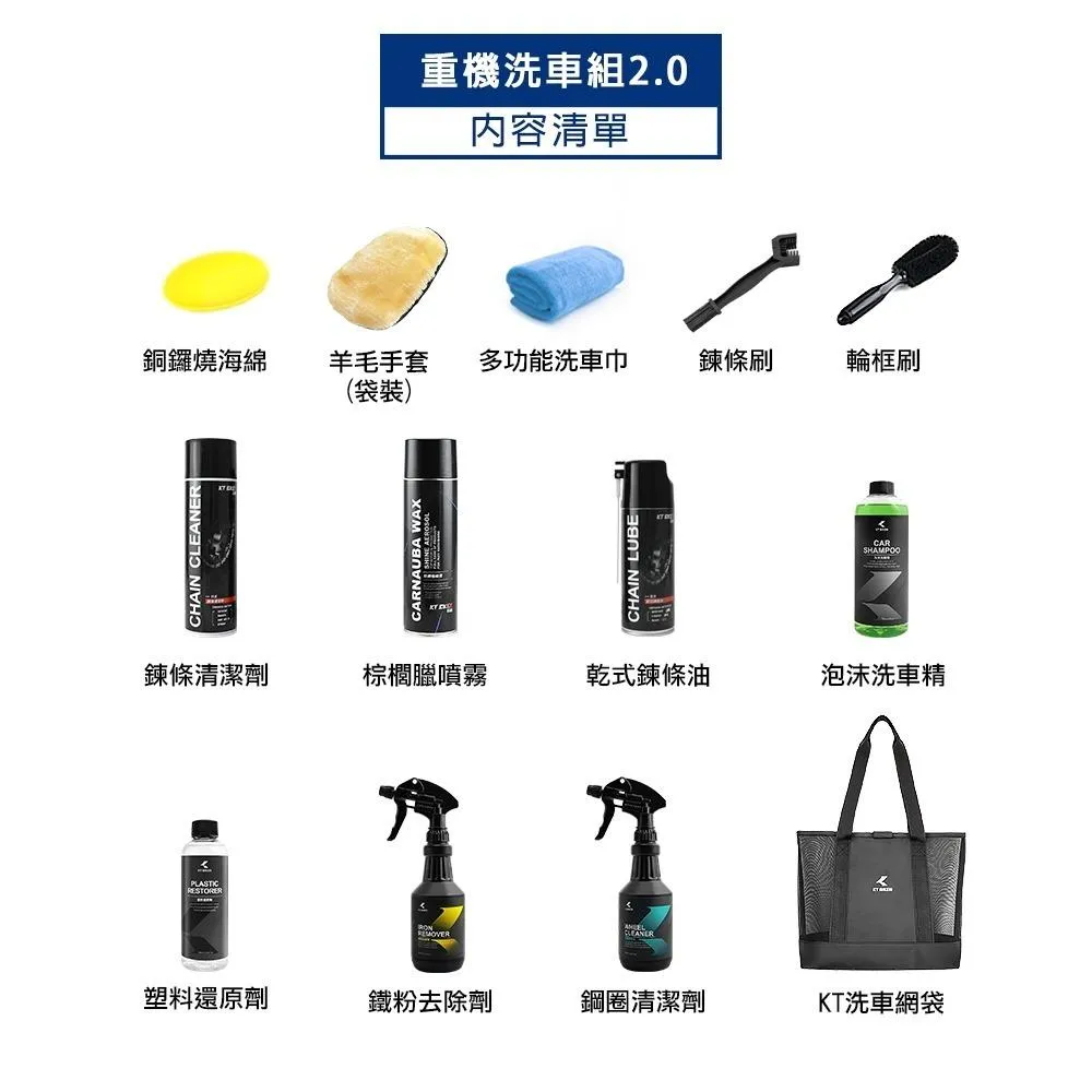 【翔好機車】重機洗車組 2.0 重機洗車 消光蠟噴霧 輪胎保養油 鐵粉清潔劑 塑料還原劑 洗車工具  KT BIKER