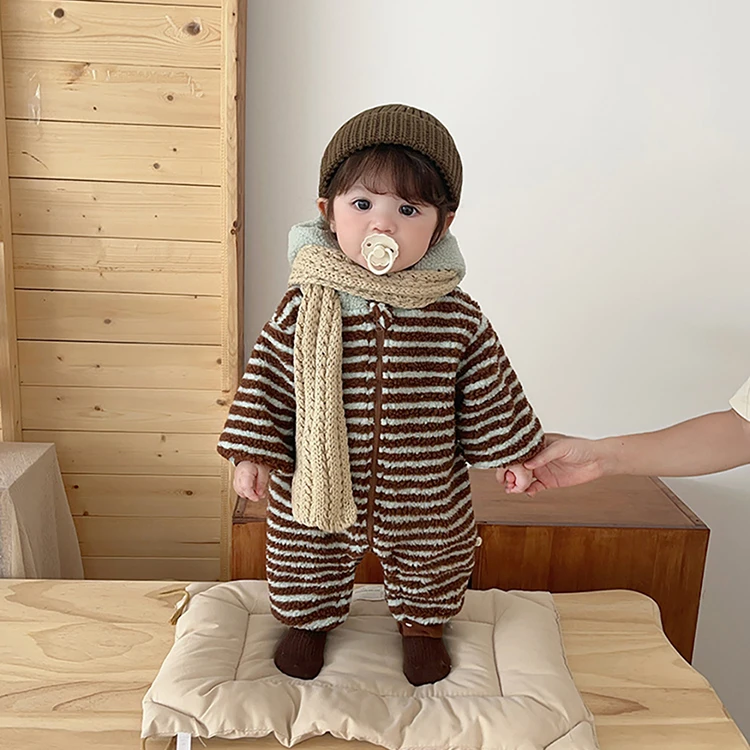 TZ 3330刷毛-毛絨拼接帽條紋連身衣