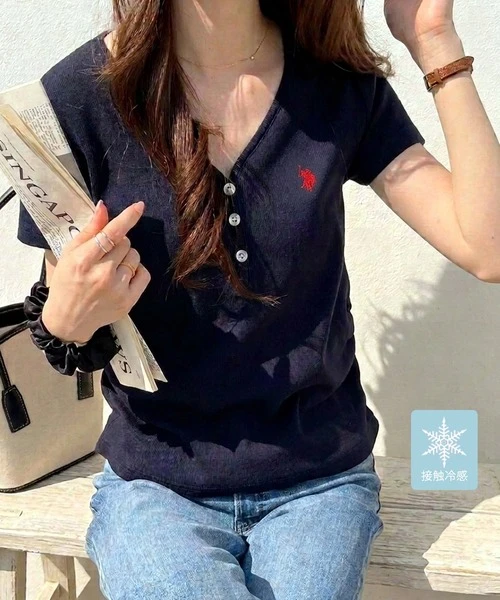 日本限定 U.S. POLO ASSN 接觸冷感 V領亨利領羅紋短袖上衣