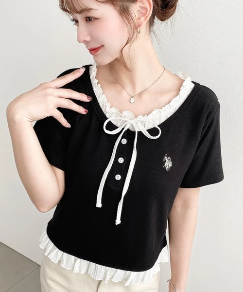 日本限定 U.S. POLO ASSN 單點刺繡亨利領假兩件短袖 T-shirt