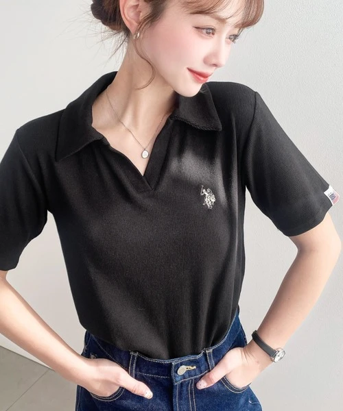日本限定 U.S. POLO ASSN. 別注款 小馬刺繡小v領半袖上衣
