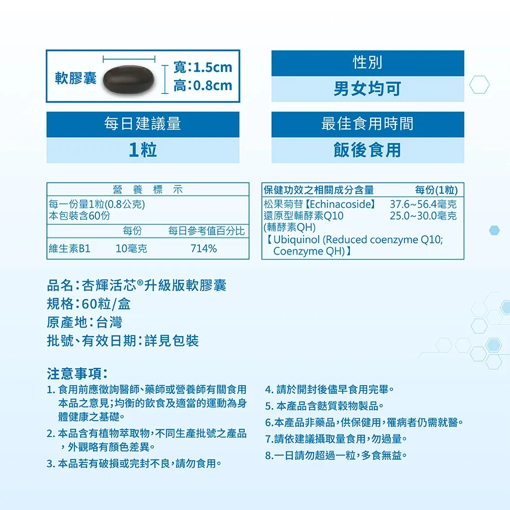 【杏輝】活芯&reg;升級版軟膠囊 (60粒/盒) 產品資訊