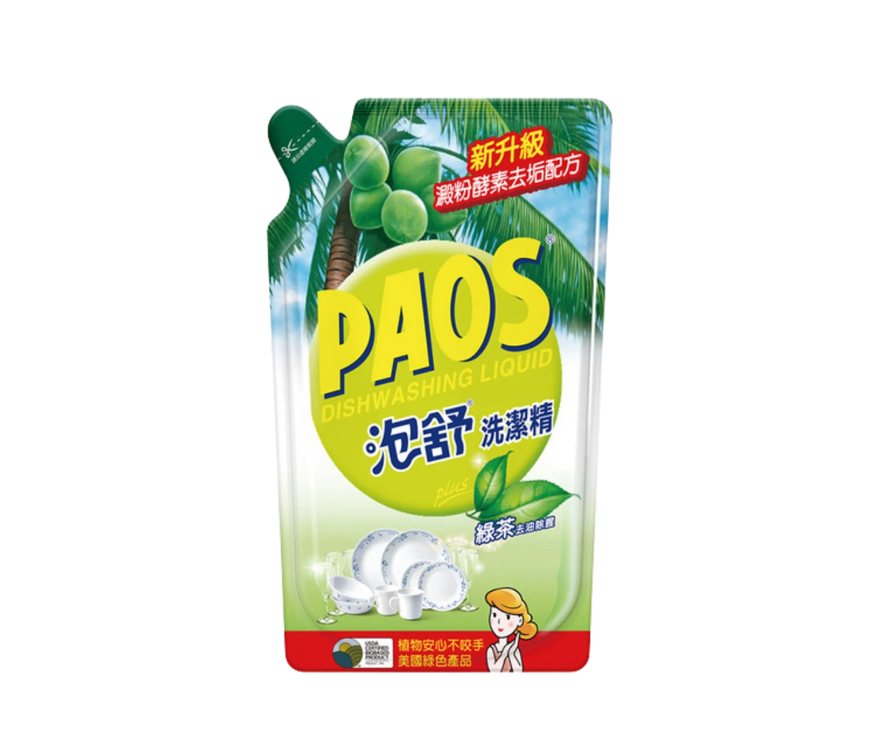 【泡舒 PAOS】洗潔精補充包-綠茶去油除腥 (800g)｜新升級澱粉酵素去垢配方 Ｘ 溫和不咬手