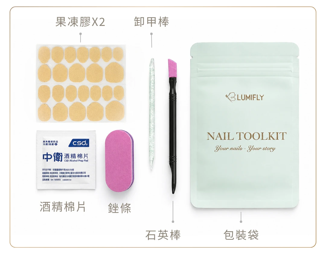 LUMIFLY 穿戴甲工具包內容 果凍膠卸甲棒石英棒銼條酒精棉片