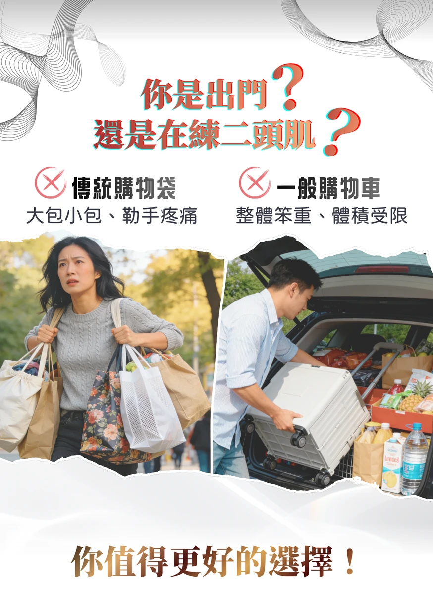 傳統購物袋大包小包、勒手疼痛；一般購物車體積受限、整體笨重