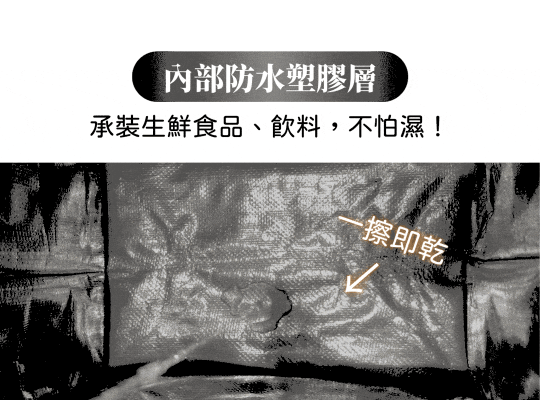 LUMIFLY 輕行袋內部為防水塑膠層，承裝生鮮食品、飲料都不怕濕！