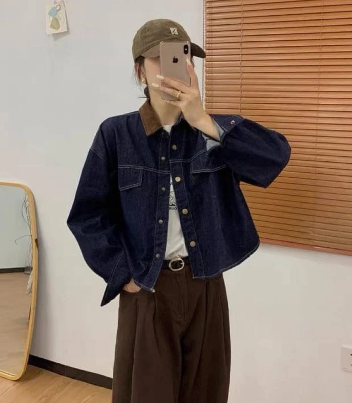領撞色牛仔外套