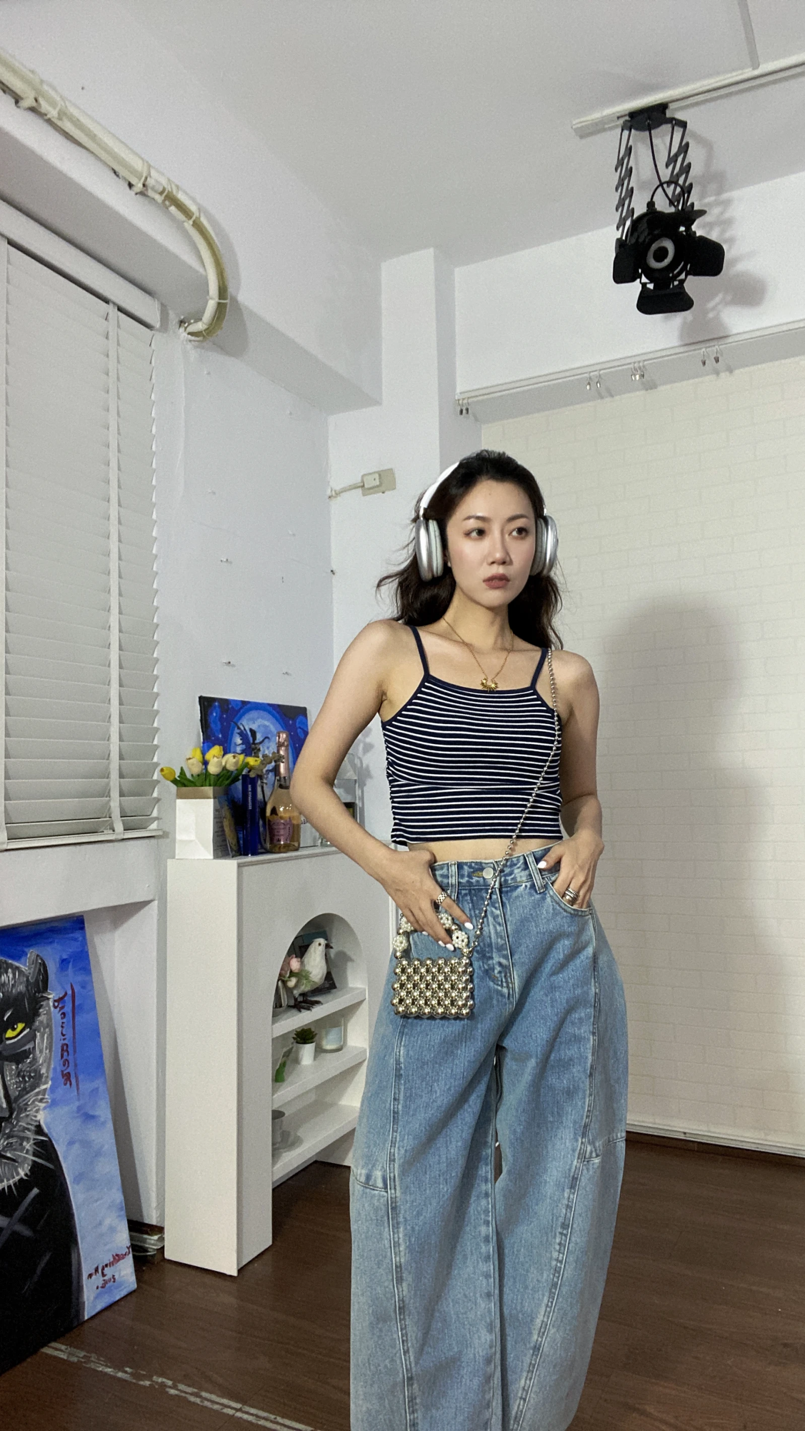 細肩條紋抓皺背心