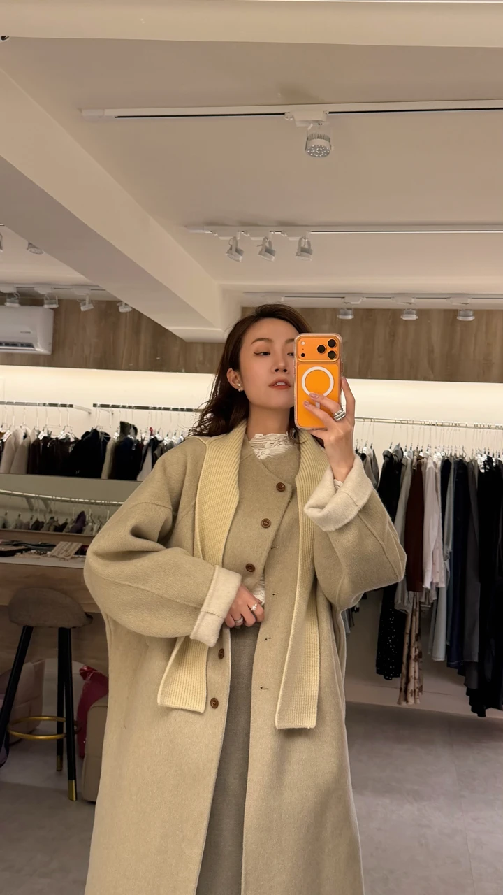 手工羊毛附披肩長版大衣