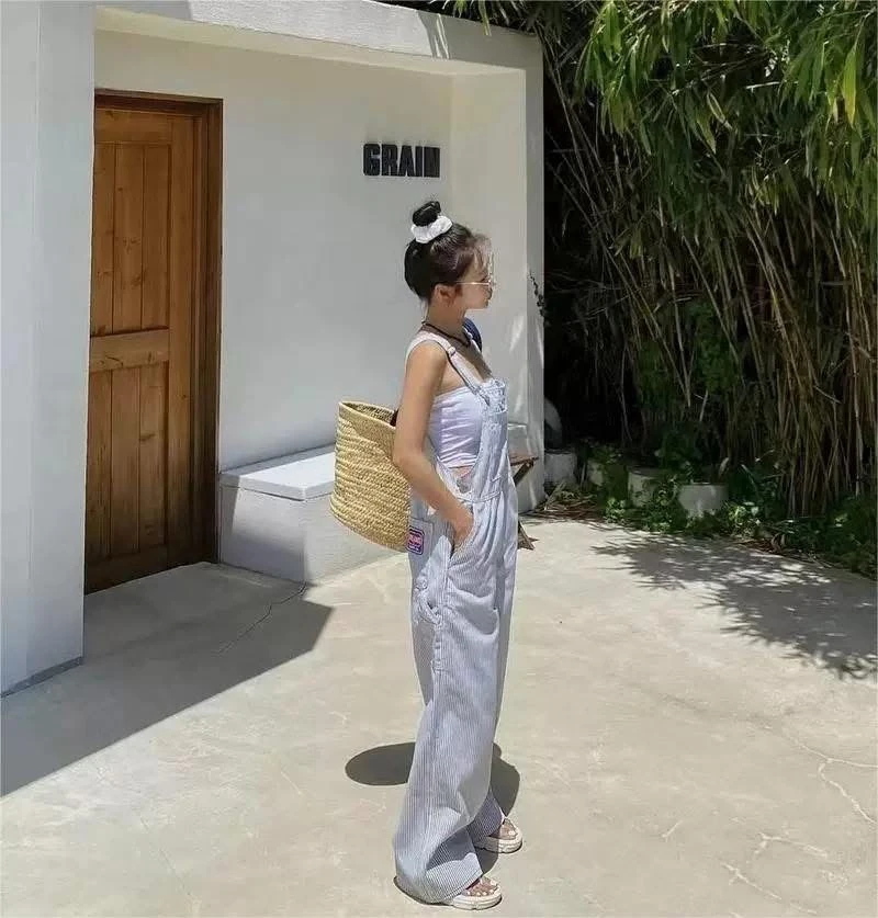 韓國直條紋吊帶褲