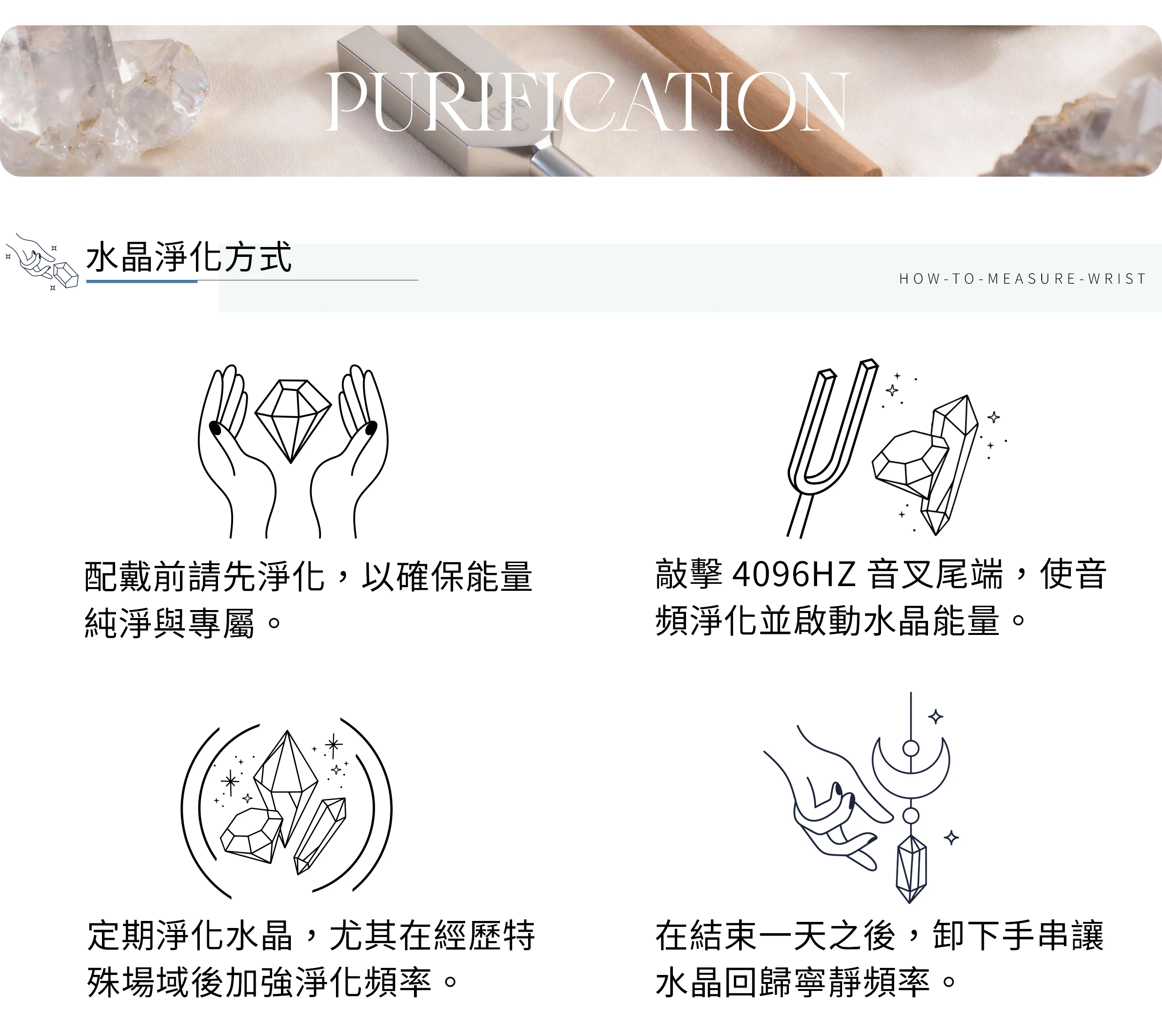 天然水晶淨化教學示意圖,展示日光、月光與白水晶簇等淨化方法