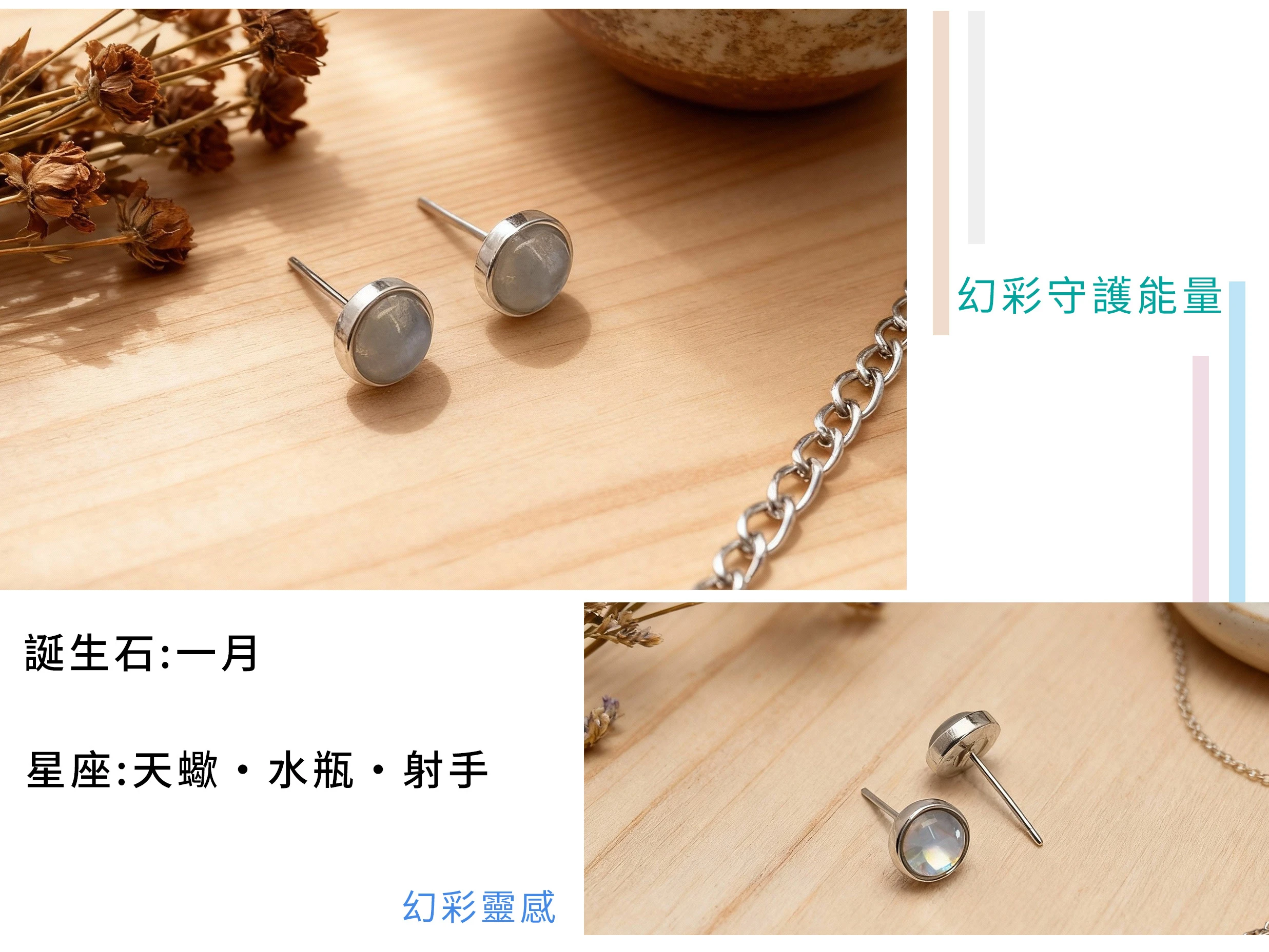 拉長石藍光變彩與925純銀耳環細節近拍,天然光暈與礦石紋理清晰呈現