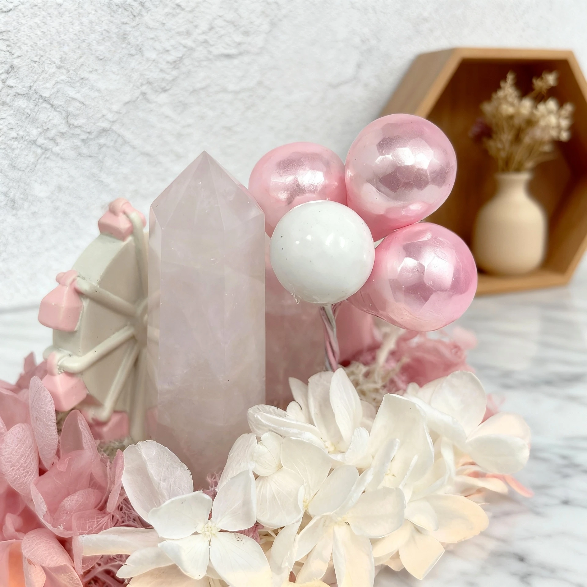 緋櫻花境｜粉水晶・永生花天然水晶擺件