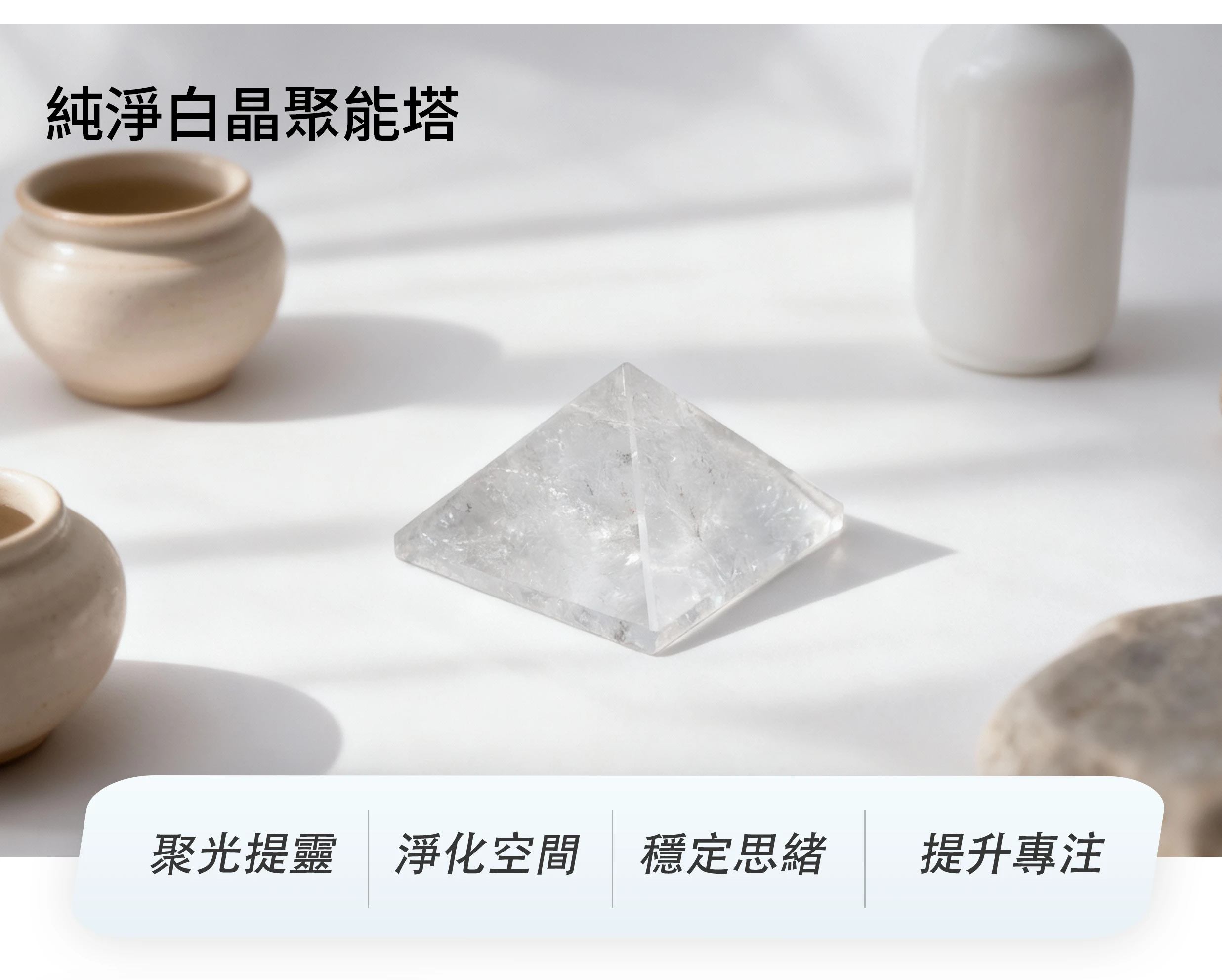 白水晶金字塔，象徵能量聚焦與全域淨化的天然水晶擺件，晶銀財寶