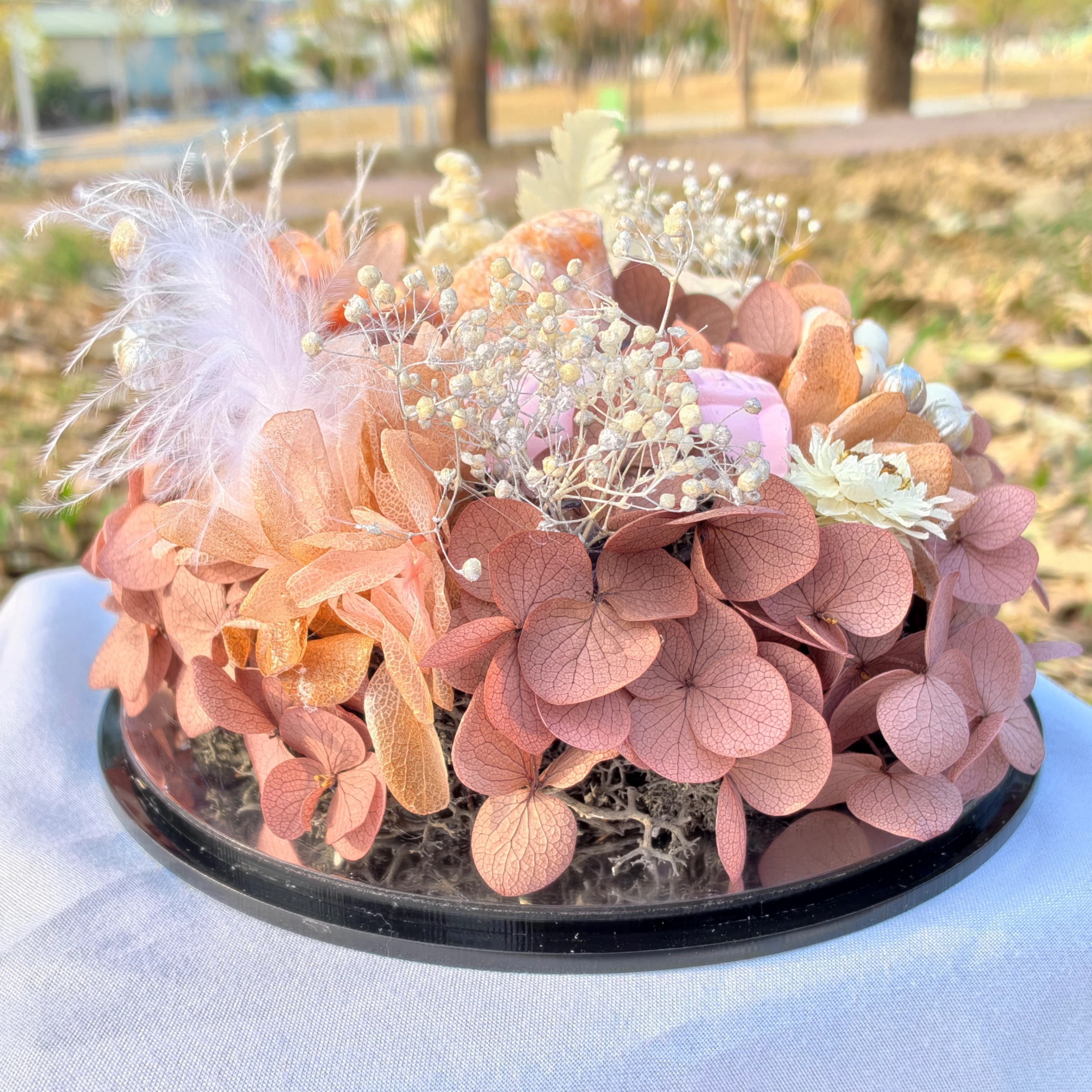 緋陽花境｜粉晶太陽石・永生花盆栽・天然水晶擺件