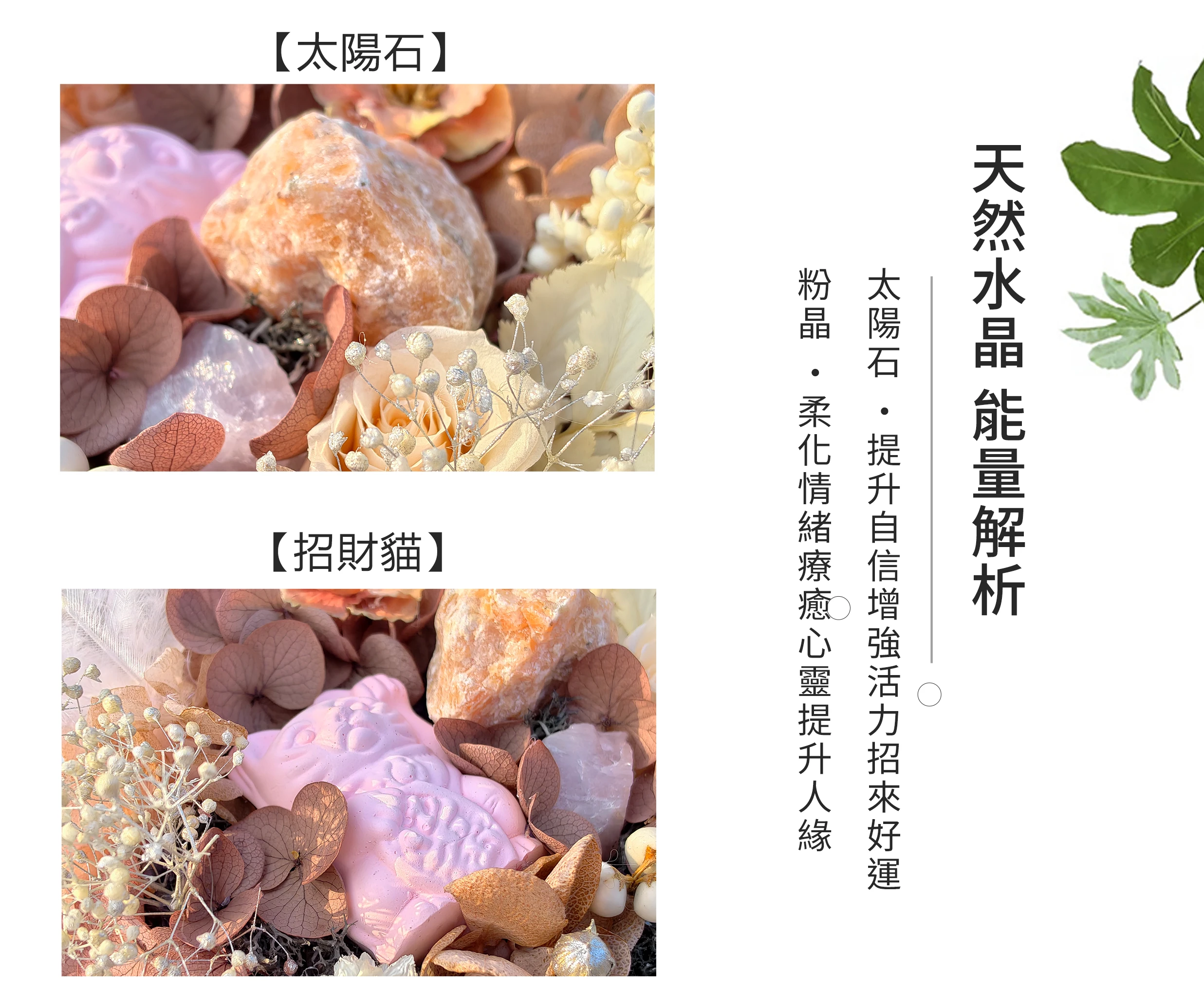太陽石原礦晶體與粉晶招財貓微距特寫,展現太陽石特有的金屬光澤(點砂效應)與粉晶的柔和光潤,搭配永生花細膩的花瓣質感,體現「生機與守護」並存的精緻手工藝細節。