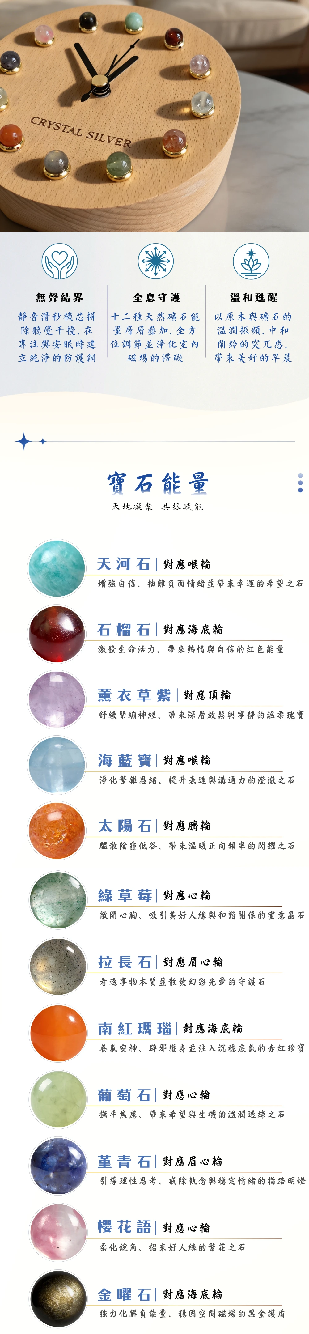 原木鐘面鑲嵌寶石細節特寫，展現如天河石、海藍寶、堇青石等 12 款礦石的天然紋理與色彩，對比職人手工細磨的溫潤木質邊緣，體現「一石一世界」的精湛鑲嵌工藝與天然質地。