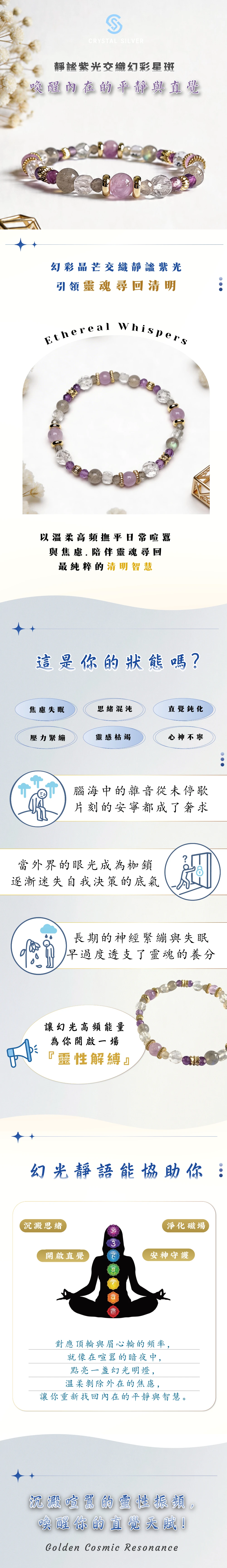 [靈感交織] 天然紫水晶搭配白水晶與拉長石手串，結合薰衣草紫水晶的溫潤色調與精緻銅鍍金配件，象徵開啟智慧、淨化身心磁場並提升直覺守護的設計師款能量飾品。