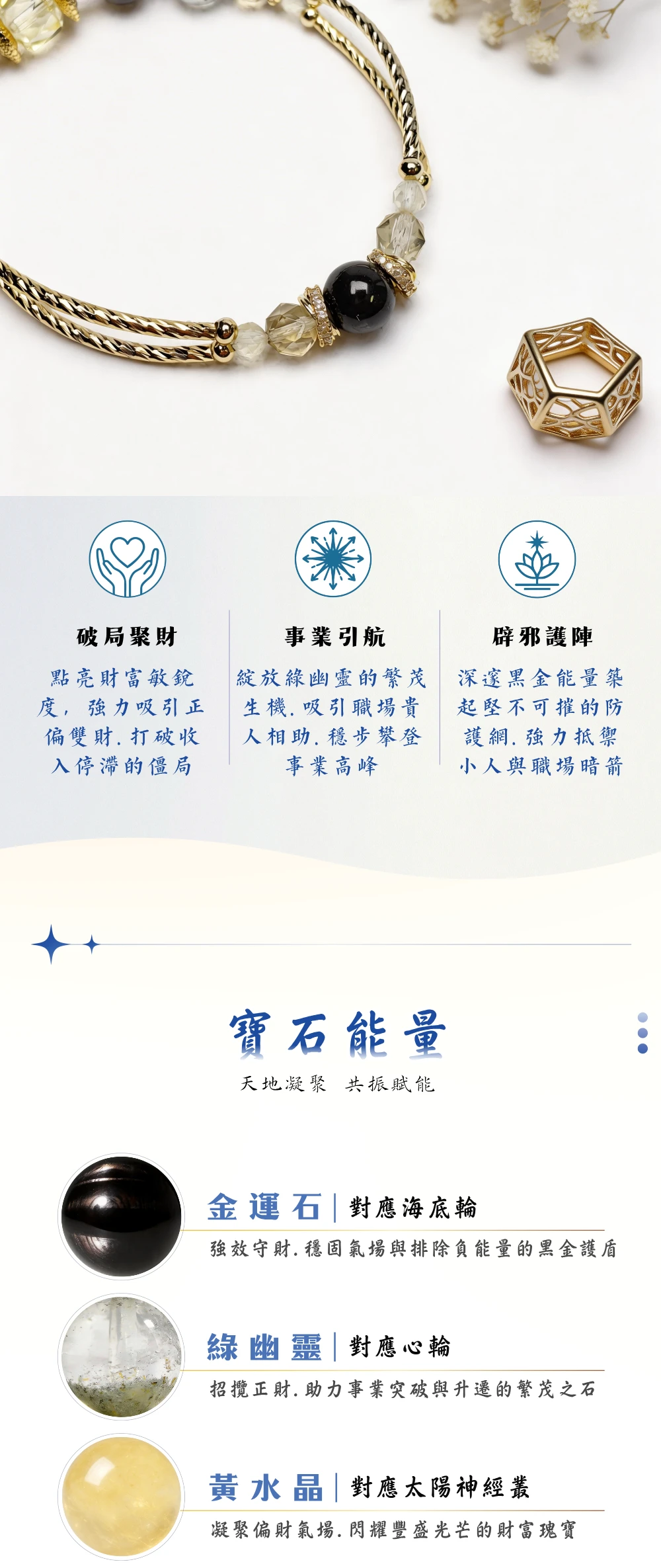 金運石的黑銀閃光與綠幽靈異象景觀微距特寫,展現 4mm 切面黃水晶如同鑽石般的折射光影,對比 8mm 與 6mm 圓珠的飽滿質感,體現「金黑交織、翠綠生機」的高級珠寶層次細節。