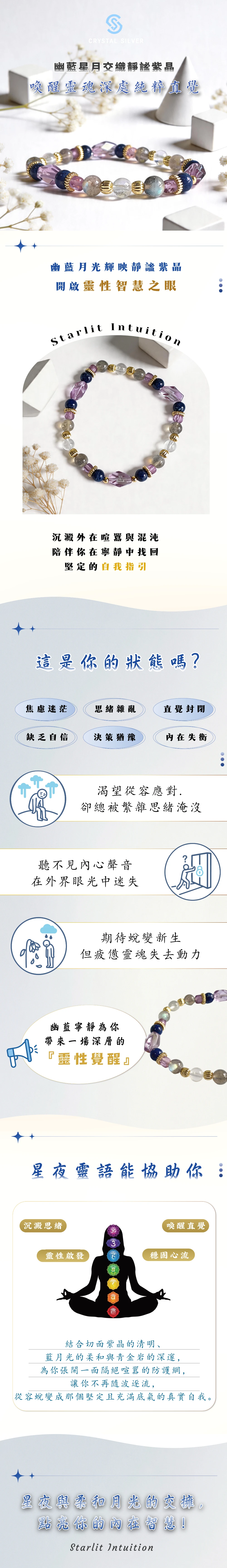 [覺知之海] 天然切面紫水晶搭配藍月光石、青金石手串，結合拉長石的幻彩暈光與精緻銅鍍金配件，象徵開啟深層智慧、強化靈性洞察並穩定內在頻率的導航級能量飾品。
