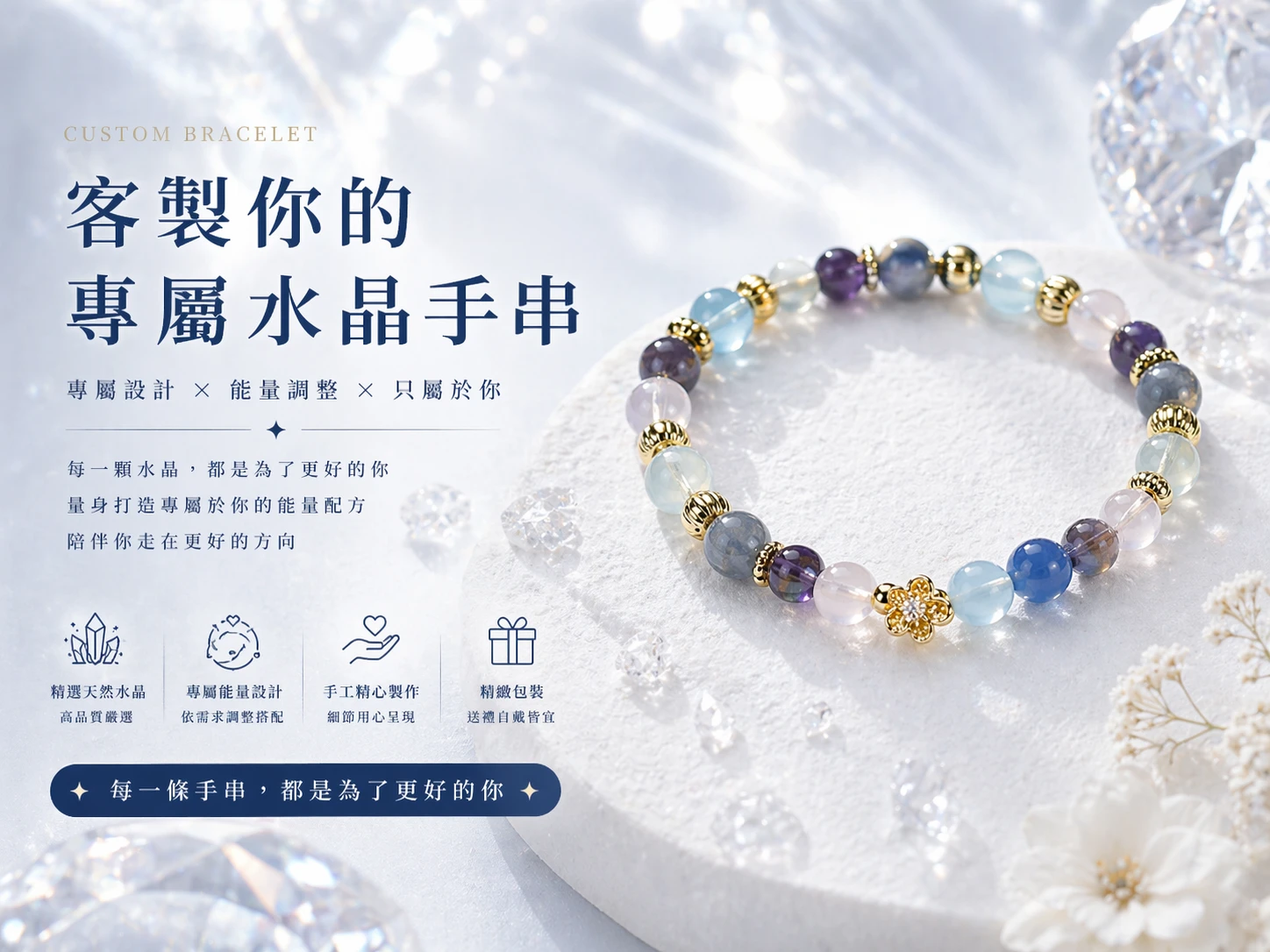 [晶銀財寶] 專業水晶客製化服務主圖，F.G.A 國際鑑定師親自選石，結合生命流年能量與精品珠寶設計美學，打造專屬您的能量護身符。