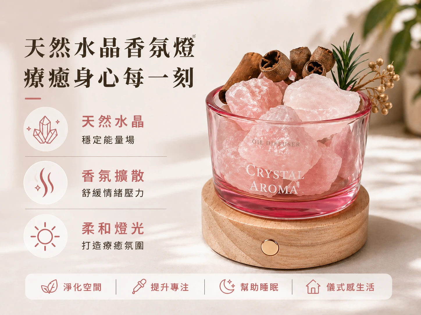 水晶擴香燈賣點:結合天然水晶能量、雙色燈光(白光/黃光)自由切換與精油擴香功能,全面提升環境磁場。