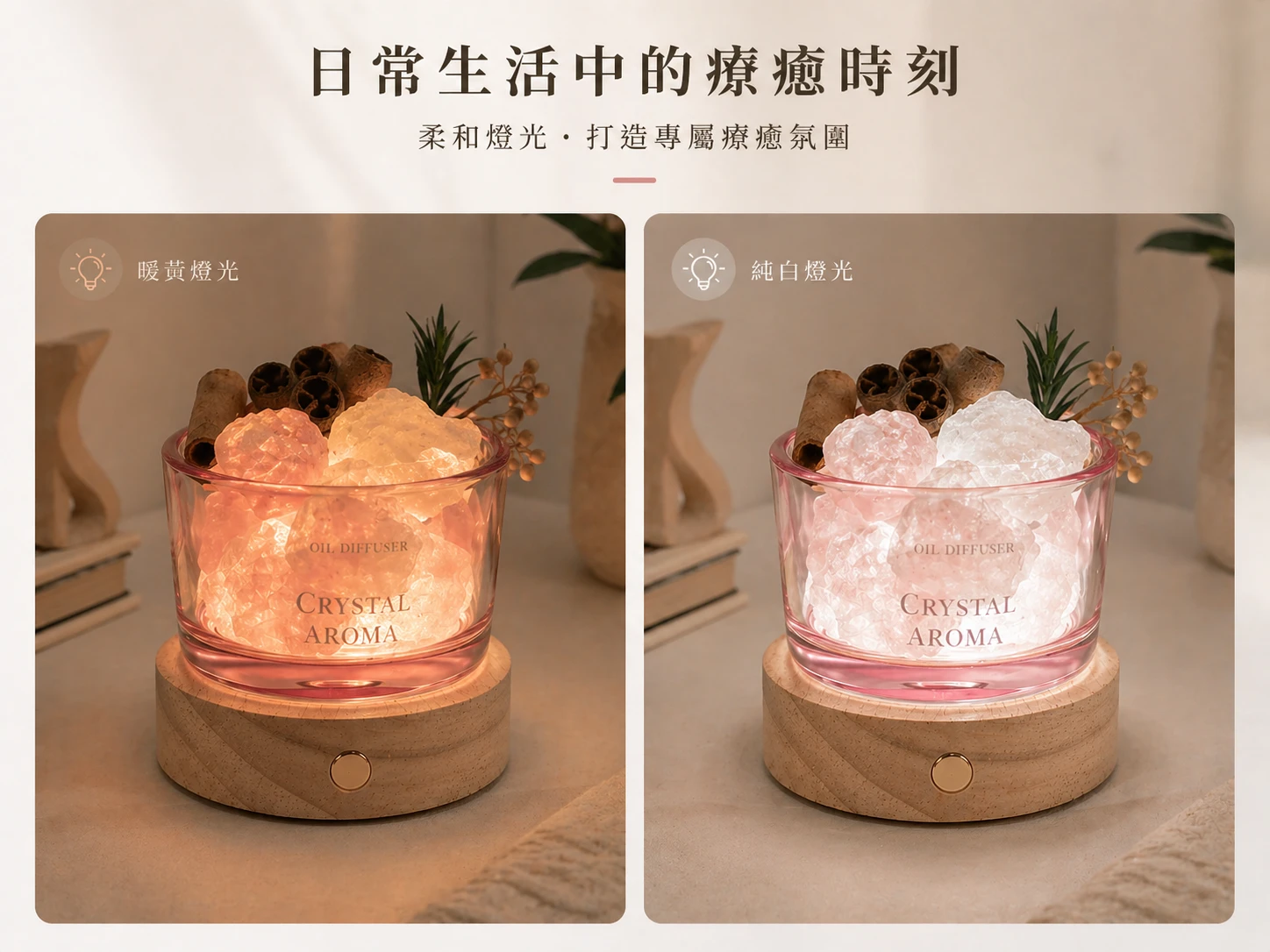 擴香夜燈擺放建議:輕巧體積適合放置於床頭櫃助眠、辦公桌舒壓、玄關迎賓或浴室放鬆,提升居家角落的藝術美感。