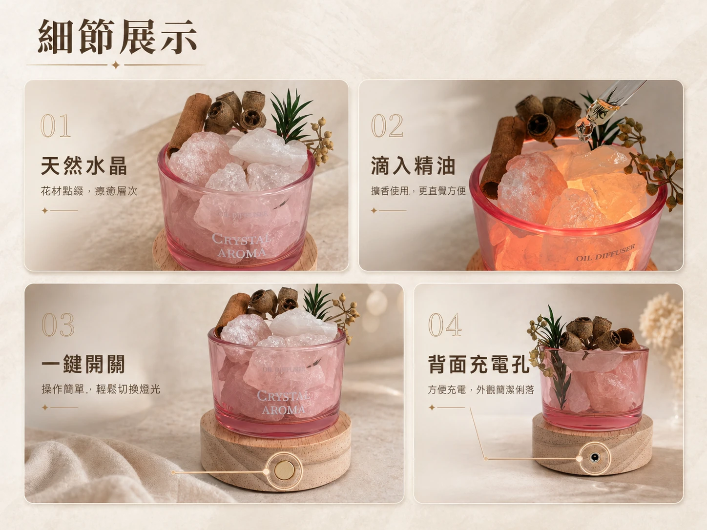 擴香燈產品細節:質感實木底座、觸控雙色切換(白燈/黃燈)、高矽硼玻璃碗、天然無優化水晶原礦與精緻乾燥植栽。