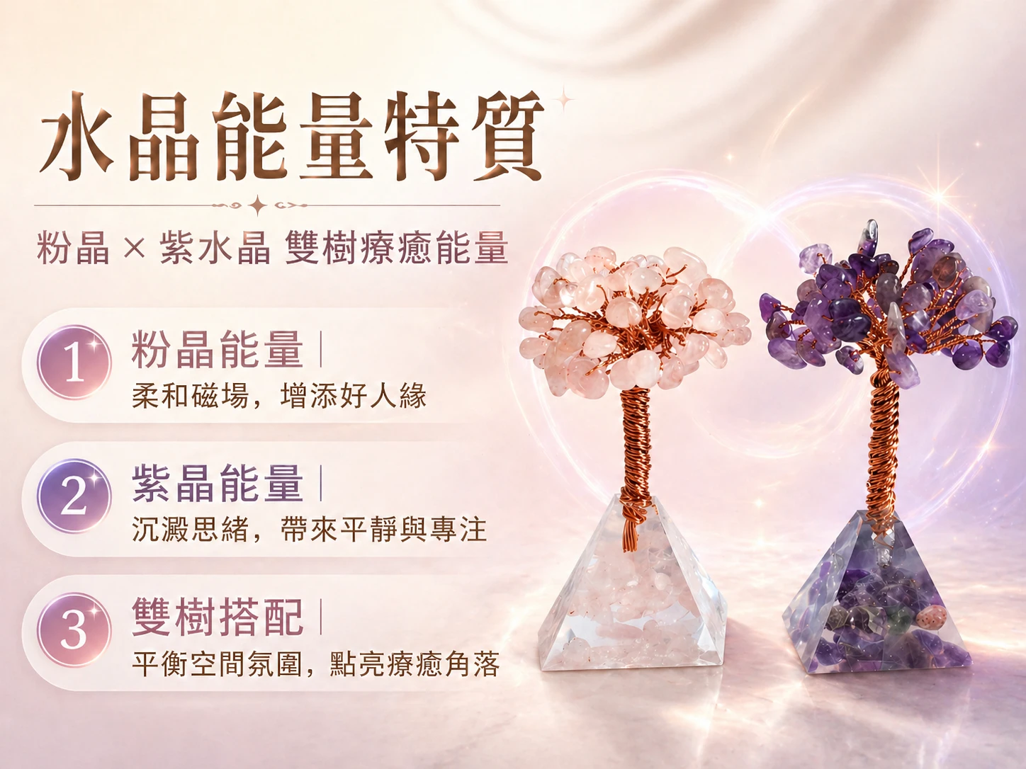 紫水晶與粉晶功效:對應頂輪開智慧、心輪招桃花,結合銅線超強導電性與環氧樹脂的奧根塔(Orgonite)原理,全方位提升五行氣場與生命靈數人緣數字。