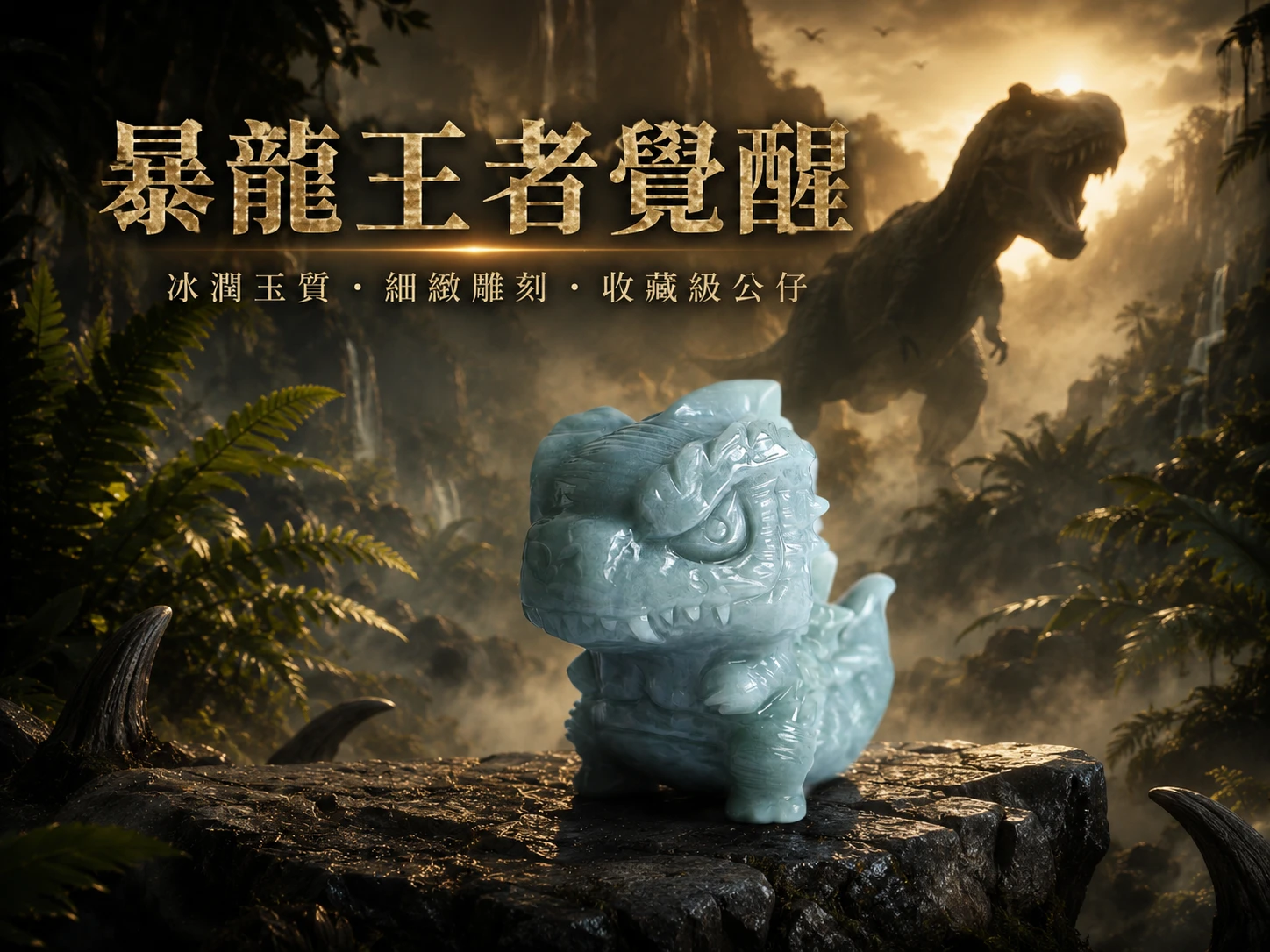 [晶銀財寶] 天然翡翠精雕暴龍擺件，頂級墨翠/油青種質感，2026 男士商務禮品、辦公室風水鎮宅防小人、象徵權威與絕對財富領地的翡翠玉石藝術品。