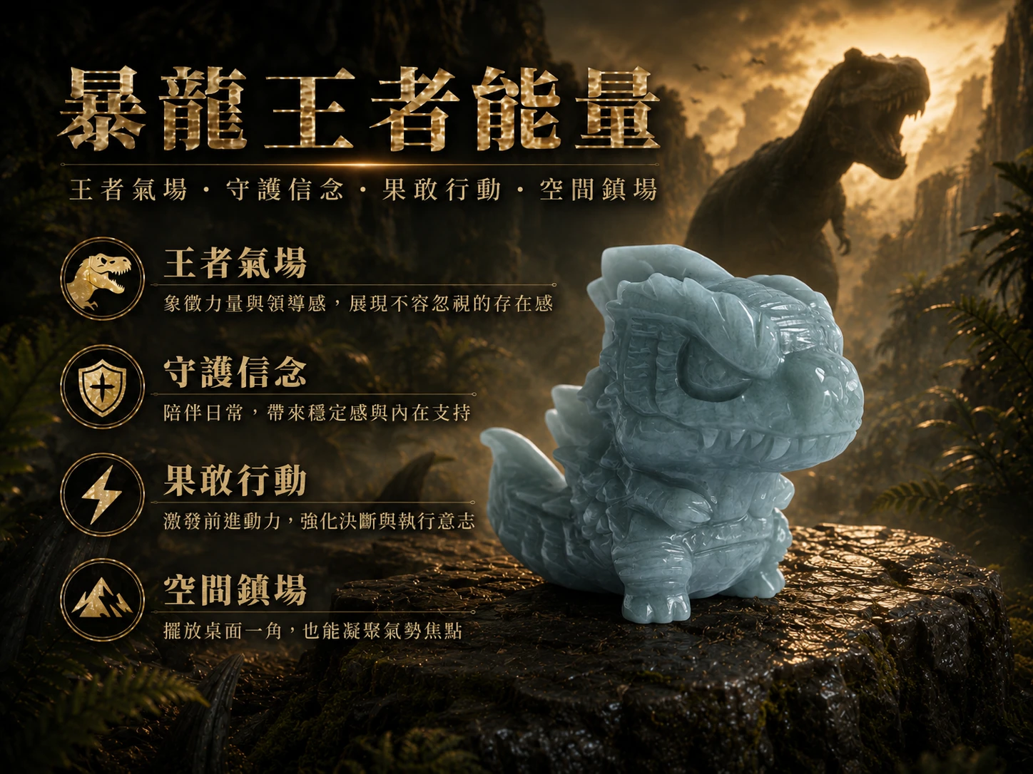 翡翠暴龍寓意與能量：天然翡翠具備強大避邪擋煞頻率，暴龍造型對應海底輪與太陽神經叢，強化生命靈數 1 的領導力與 8 的物質顯化力，是 2026 招財守財最強神獸。